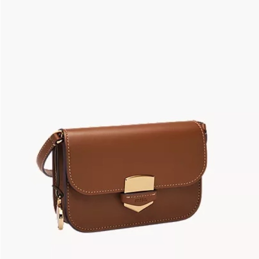 Fossil Lennox Leather Small Flap Crossbody Bag Tan with Gold accents